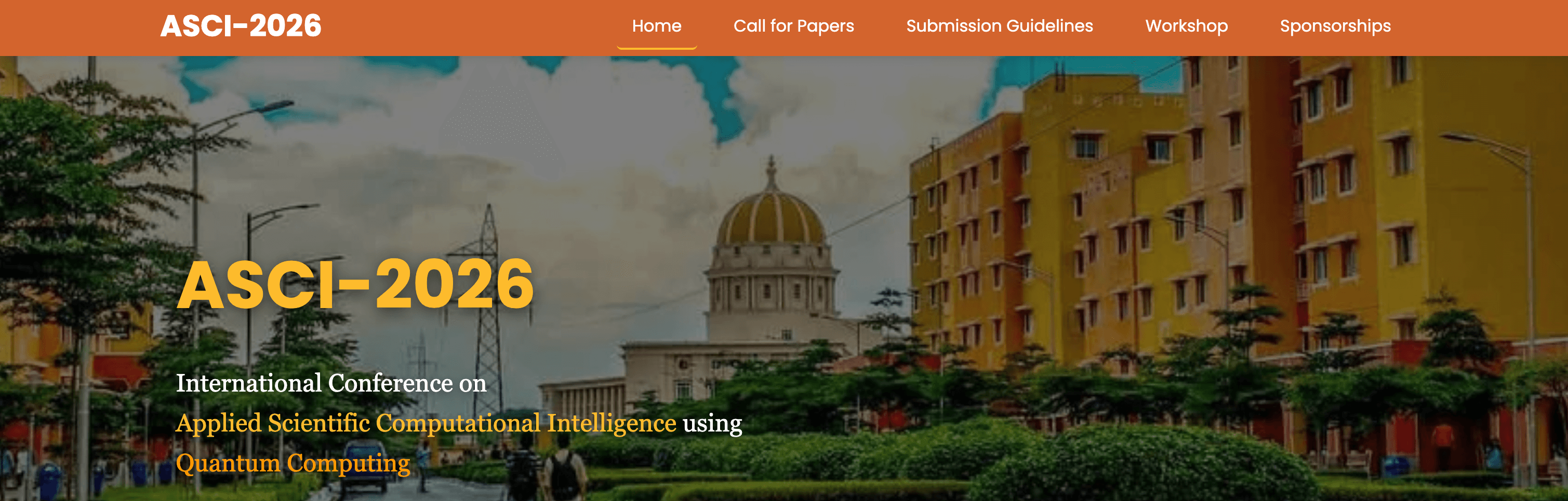 The conference homepage, with navigation across five sections and the hero showing dates and venue
