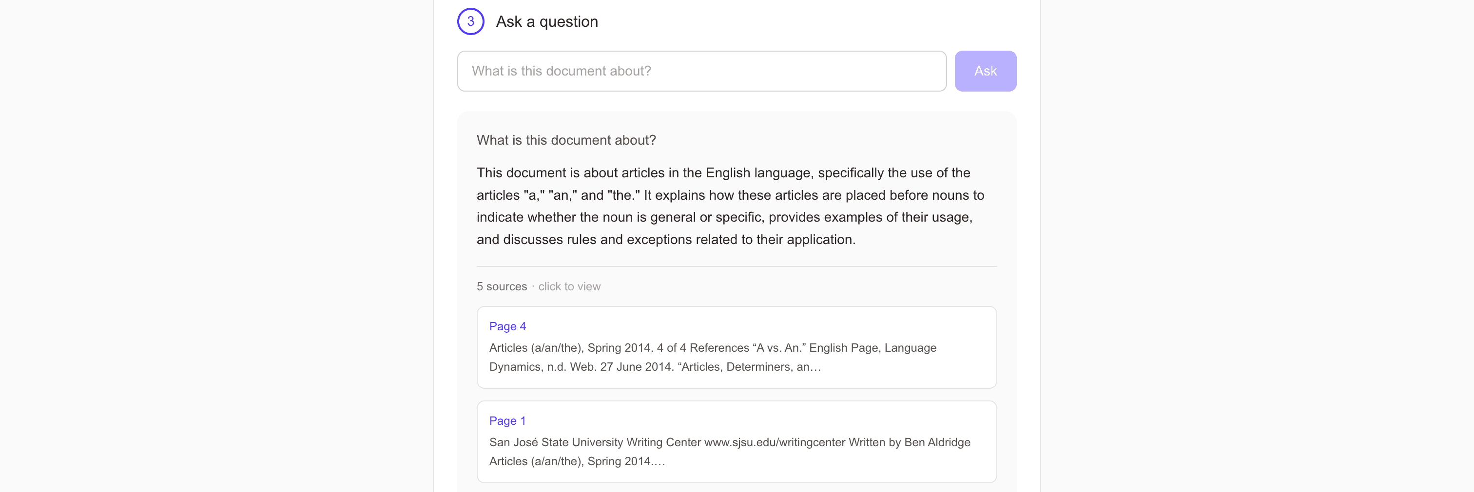 A question answered from an uploaded PDF, with the cited passages and their page numbers listed below