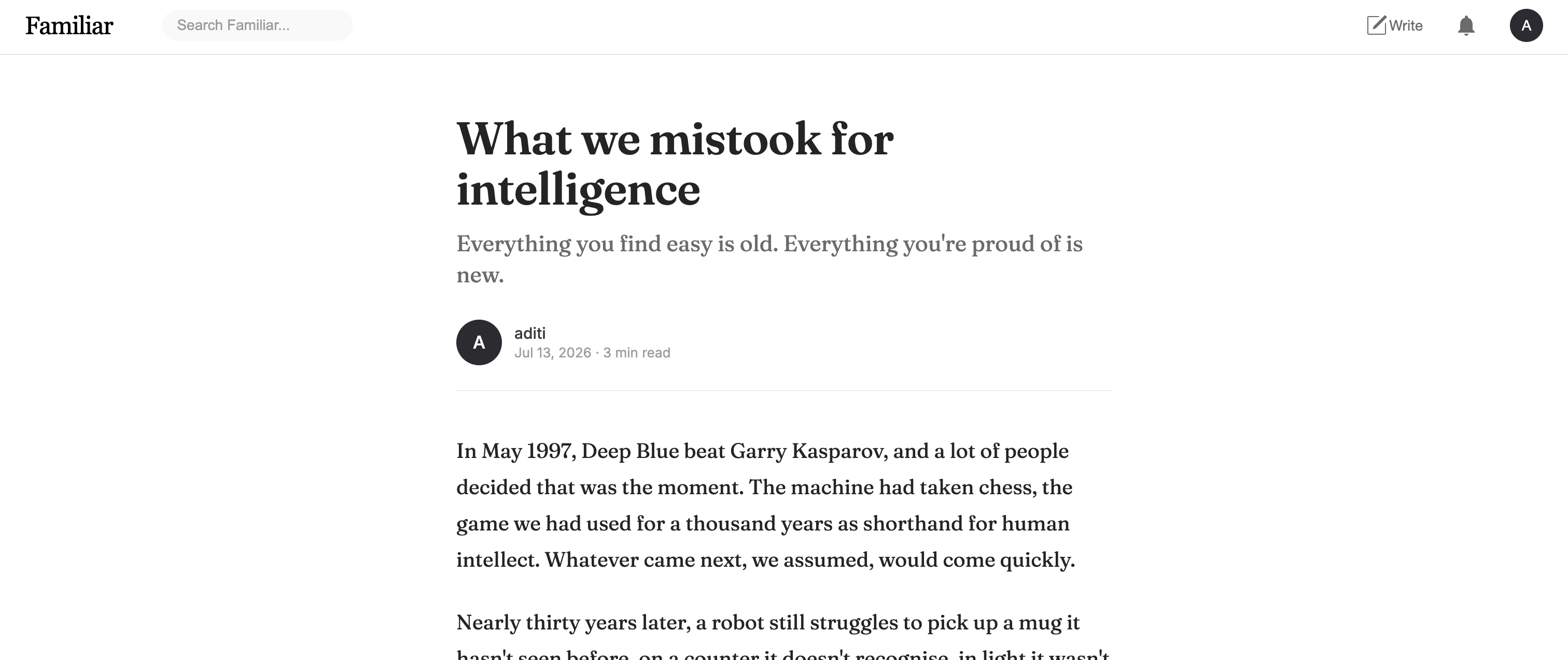 An article page on Familiar, showing the reading view with author, date and read time